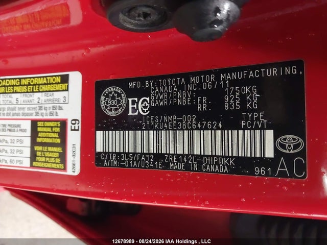 12678989 :رقم المزاد ، 2T1KU4EE3BC647624 vin ، 2011 Toyota Matrix مزاد بيع