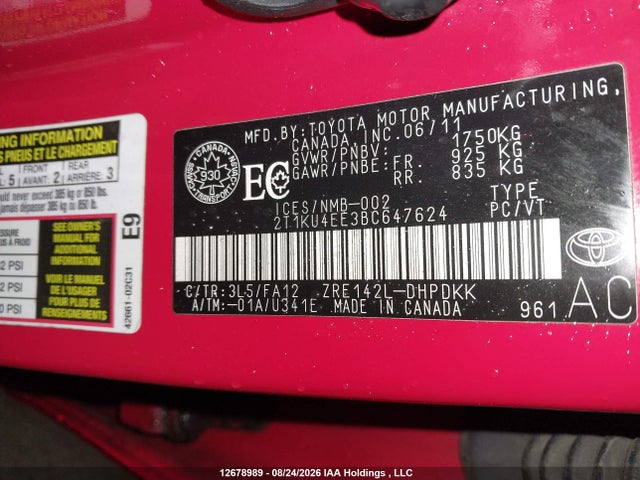 12678989 :رقم المزاد ، 2T1KU4EE3BC647624 vin ، 2011 Toyota Matrix مزاد بيع