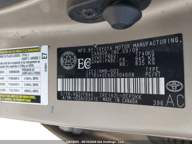 12679003 :رقم المزاد ، 2T1BU40E69C104608 vin ، 2009 Toyota Corolla Ce مزاد بيع