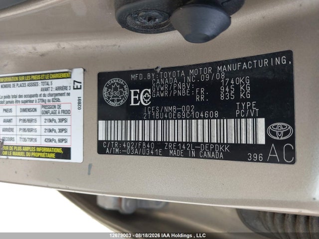 12679003 :رقم المزاد ، 2T1BU40E69C104608 vin ، 2009 Toyota Corolla Ce مزاد بيع