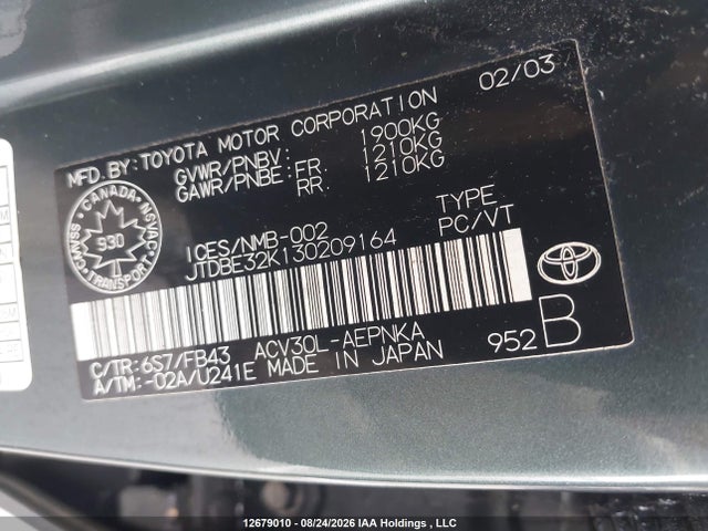 Aukcja sprzedaży 2003 Toyota Camry Le/se/xle, vin: JTDBE32K130209164, numer aukcji: 12679010