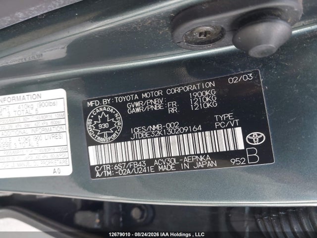 Aukcja sprzedaży 2003 Toyota Camry Le/se/xle, vin: JTDBE32K130209164, numer aukcji: 12679010