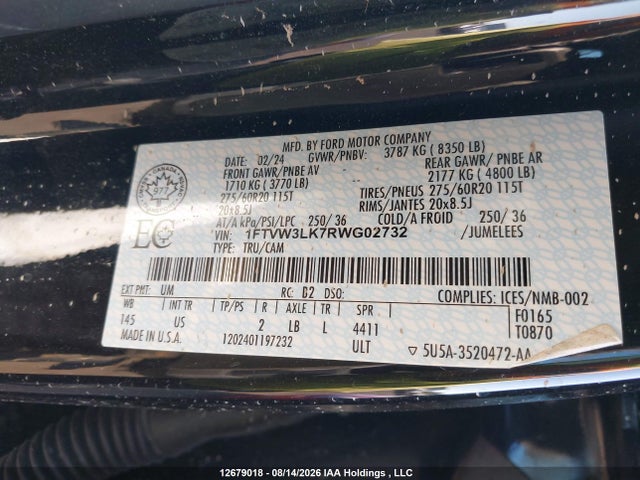 2024 Ford F-150 Lightning Xlt მანქანა იყიდება აუქციონზე, vin: 1FTVW3LK7RWG02732, აუქციონის ნომერი: 12679018