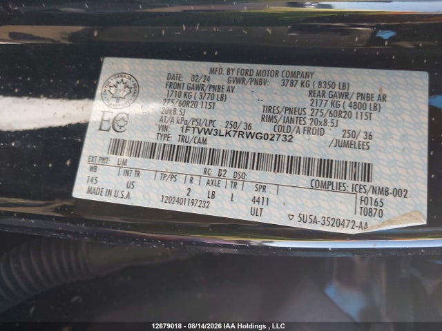 2024 Ford F-150 Lightning Xlt მანქანა იყიდება აუქციონზე, vin: 1FTVW3LK7RWG02732, აუქციონის ნომერი: 12679018