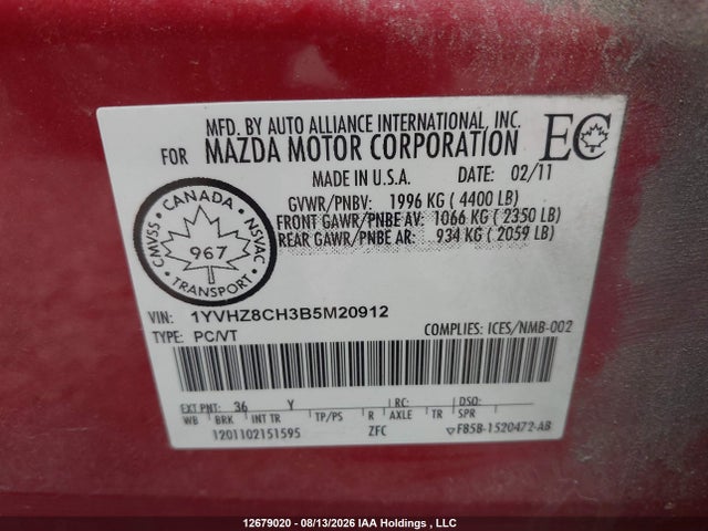 12679020 :رقم المزاد ، 1YVHZ8CH3B5M20912 vin ، 2011 Mazda 6 I مزاد بيع