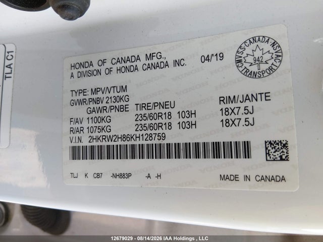 Honda Cr-v Ex-l 2019 2HKRW2H86KH128759 Image 9