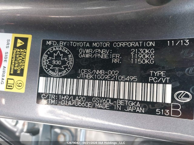 12679042 :رقم المزاد ، JTHBK1GG9E2105495 vin ، 2014 Lexus Es 350 350 مزاد بيع