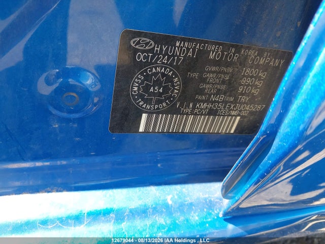 2018 Hyundai Elantra Gt Gl Se მანქანა იყიდება აუქციონზე, vin: KMHH35LEXJU045287, აუქციონის ნომერი: 12679044