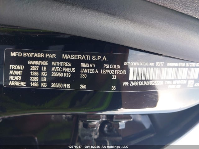 Auction sale of the 2017 Maserati Levante, vin: ZN661XUA0HX252206, lot number: 12679047
