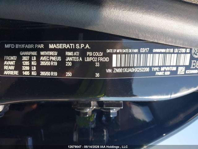 Auction sale of the 2017 Maserati Levante, vin: ZN661XUA0HX252206, lot number: 12679047