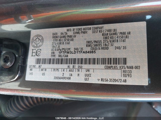 Aukcja sprzedaży 2026 Ford F150 Xlt, vin: 1FTFW3LD1TFA84985, numer aukcji: 12679048