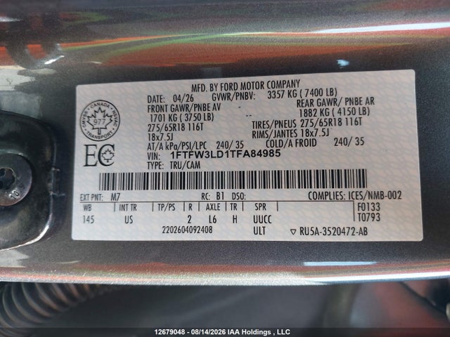 Aukcja sprzedaży 2026 Ford F150 Xlt, vin: 1FTFW3LD1TFA84985, numer aukcji: 12679048