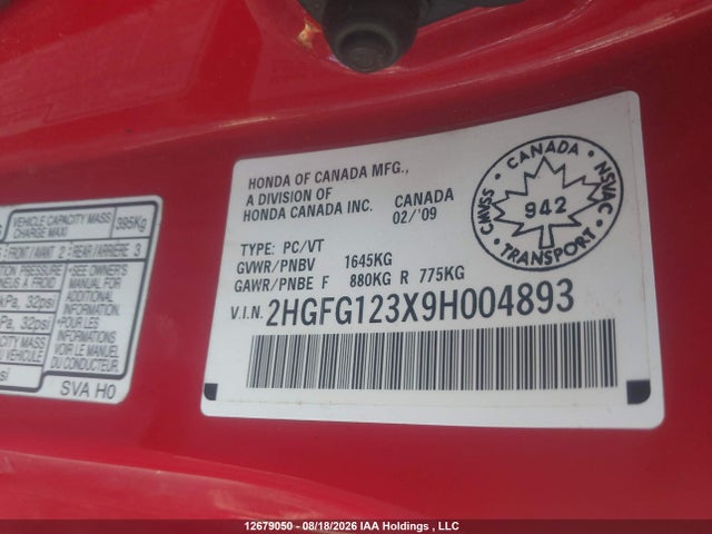 Продаж на аукціоні авто 2009 Honda Civic Dx-g, vin: 2HGFG123X9H004893, номер лоту: 12679050