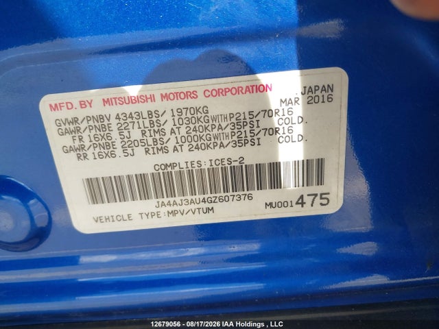 Aukcja sprzedaży 2016 Mitsubishi Rvr Se, vin: JA4AJ3AU4GZ607376, numer aukcji: 12679056