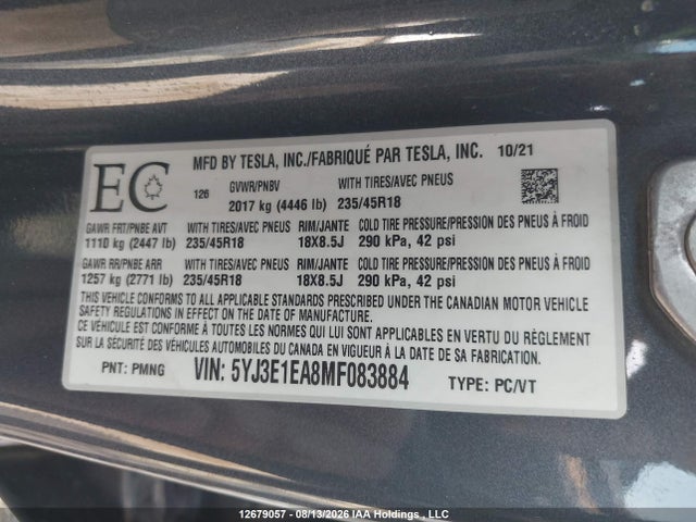 5YJ3E1EA8MF083884 Tesla Model 3 Standard Range/standard Range Plus