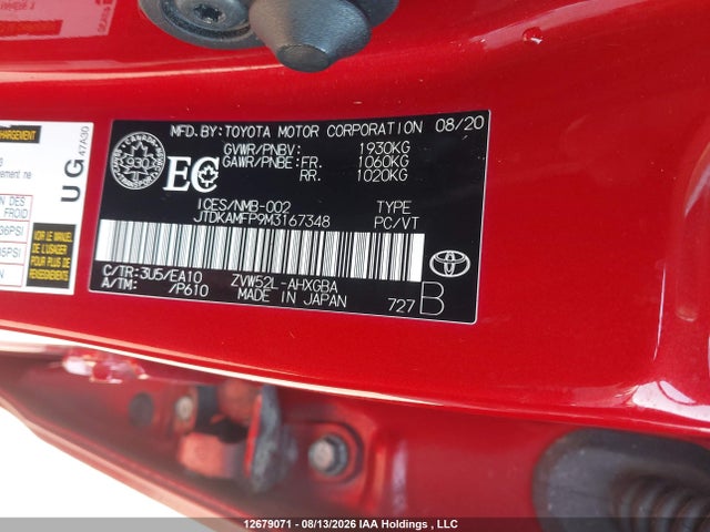 12679071 :رقم المزاد ، JTDKAMFP9M3167348 vin ، 2021 Toyota Prius Prime Upgrade مزاد بيع