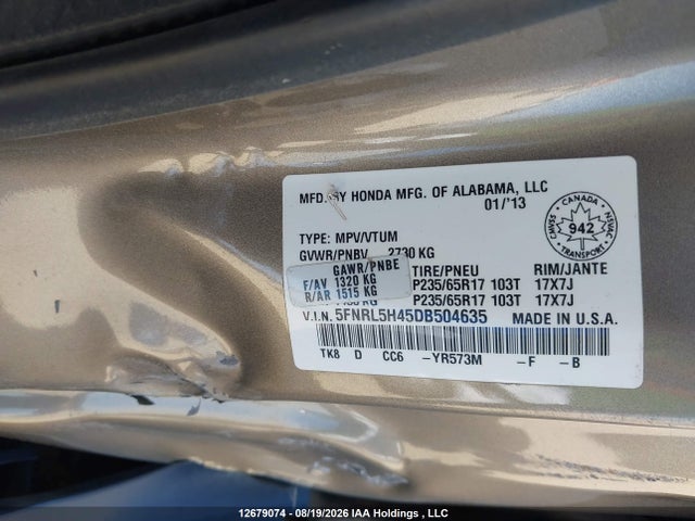 Продаж на аукціоні авто 2013 Honda Odyssey Ex, vin: 5FNRL5H45DB504635, номер лоту: 12679074
