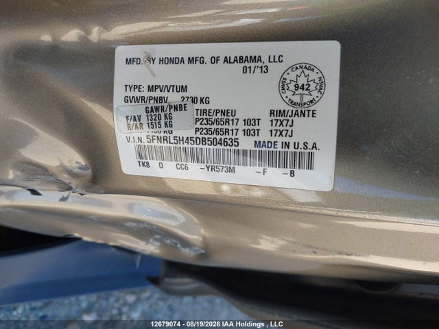 Продаж на аукціоні авто 2013 Honda Odyssey Ex, vin: 5FNRL5H45DB504635, номер лоту: 12679074