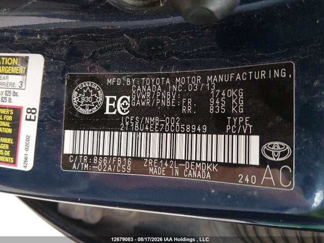 2013 Toyota Corolla მანქანა იყიდება აუქციონზე, vin: 2T1BU4EE7DC058949, აუქციონის ნომერი: 12679083