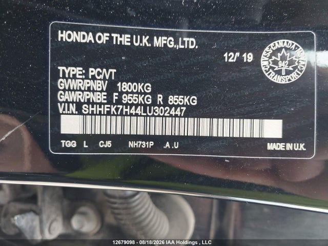 Honda Civic 2020 SHHFK7H44LU302447 Image 9