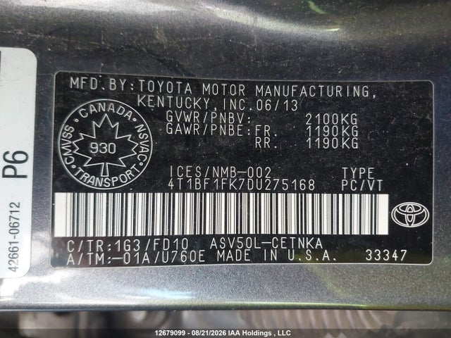 2013 Toyota Camry Le მანქანა იყიდება აუქციონზე, vin: 4T1BF1FK7DU275168, აუქციონის ნომერი: 12679099