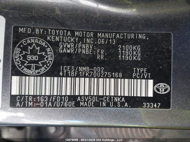 2013 Toyota Camry Le მანქანა იყიდება აუქციონზე, vin: 4T1BF1FK7DU275168, აუქციონის ნომერი: 12679099