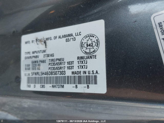 Продаж на аукціоні авто 2013 Honda Odyssey Ex, vin: 5FNRL5H46DB507303, номер лоту: 12679111