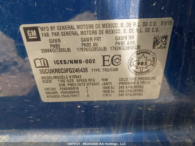 3GCUKREC9FG246438 Chevrolet Silverado K1500 Lt