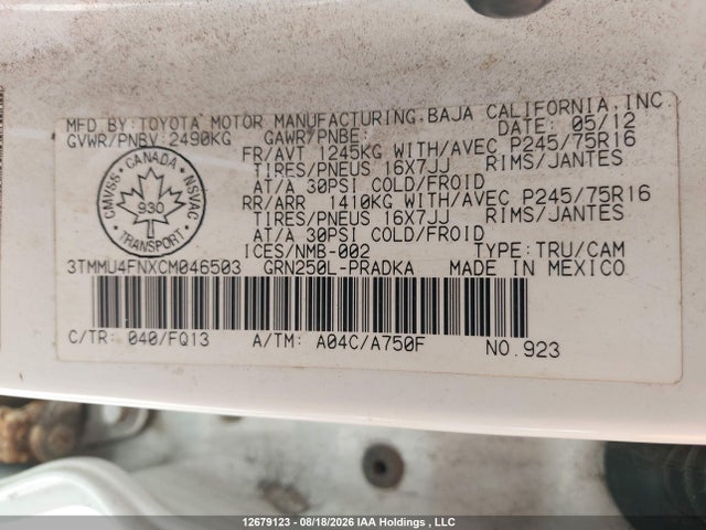 Aukcja sprzedaży 2012 Toyota Tacoma Double Cab Long Bed, vin: 3TMMU4FNXCM046503, numer aukcji: 12679123