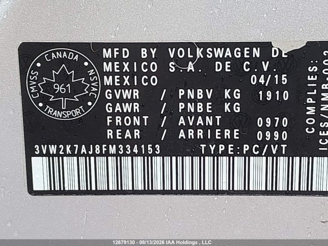 Auction sale of the 2015 Volkswagen Jetta S, vin: 3VW2K7AJ8FM334153, lot number: 12679130