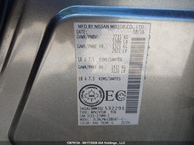 12679134 :رقم المزاد ، 5N1AL0MM3GC532291 vin ، 2016 Infiniti Qx60 مزاد بيع