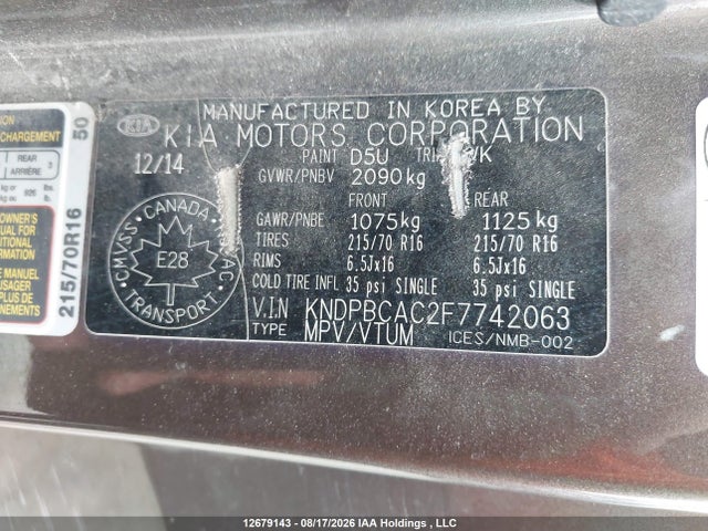 12679143 :رقم المزاد ، KNDPBCAC2F7742063 vin ، 2015 Kia Sportage Lx مزاد بيع