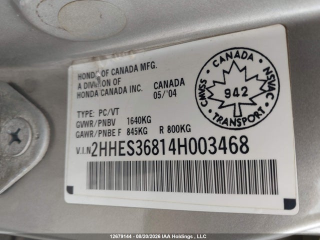 Продажа на аукционе авто 2004 Acura El Premium, vin: 2HHES36814H003468, номер лота: 12679144