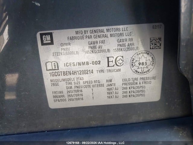 2017 Chevrolet Colorado 4wd Wt მანქანა იყიდება აუქციონზე, vin: 1GCGTBEN4H1200214, აუქციონის ნომერი: 12679168