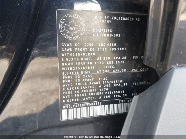 Aukcja sprzedaży 2014 Volkswagen Tiguan, vin: WVGJV3AX8EW508848, numer aukcji: 12679170