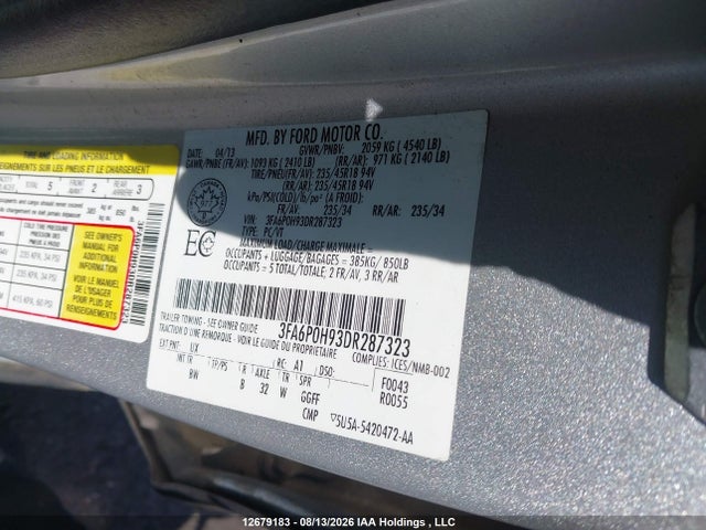 Продажа на аукционе авто 2013 Ford Fusion Se, vin: 3FA6P0H93DR287323, номер лота: 12679183