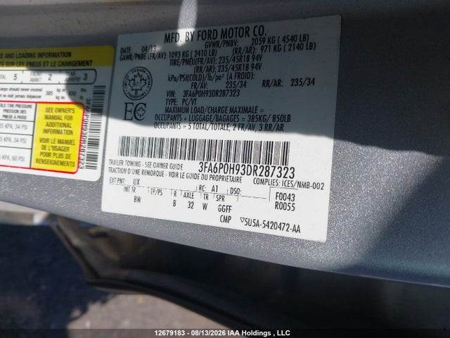 Продажа на аукционе авто 2013 Ford Fusion Se, vin: 3FA6P0H93DR287323, номер лота: 12679183