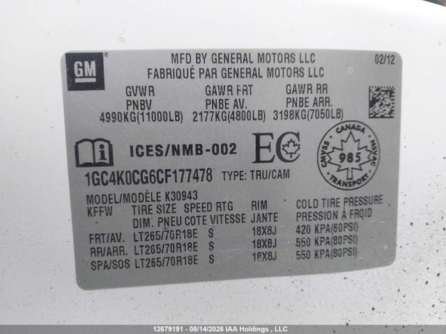 12679191 :رقم المزاد ، 1GC4K0CG6CF177478 vin ، 2012 Chevrolet Silverado 3500hd Lt مزاد بيع