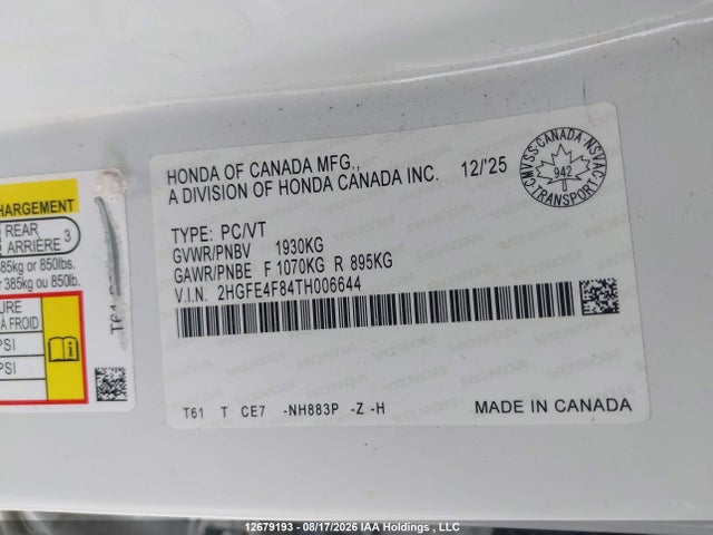 2HGFE4F84TH006644 Honda Civic Sport Hybrid/sport Touring Hybrid