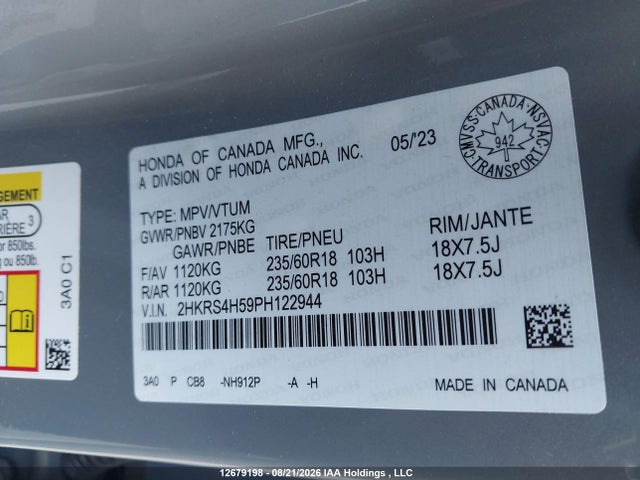 2HKRS4H59PH122944 Honda Cr-v Sport