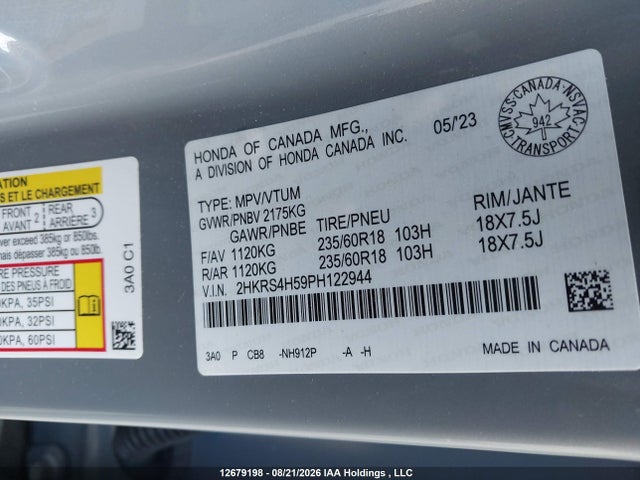 2HKRS4H59PH122944 Honda Cr-v Sport