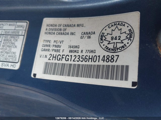 Продажа на аукционе авто 2006 Honda Civic Dx-g, vin: 2HGFG12356H014887, номер лота: 12679206