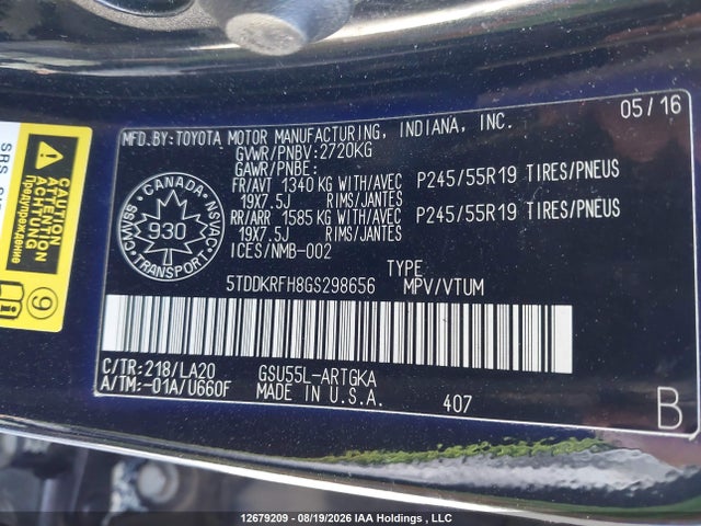 5TDDKRFH8GS298656 Toyota Highlander Limited