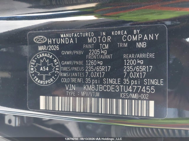 Продажа на аукционе авто 2026 Hyundai Tucson Sel, vin: KM8JBCDE3TU477455, номер лота: 12679214