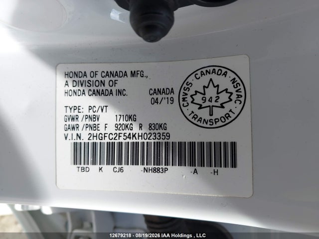 Honda Civic Lx 2019 2HGFC2F54KH023359 Image 9