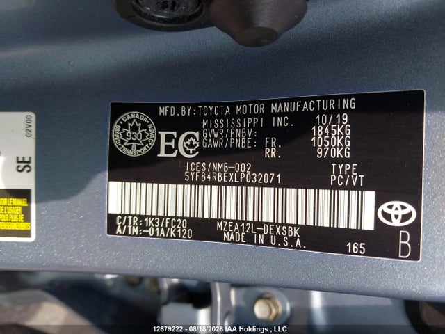5YFB4RBEXLP032071 Toyota COROLLA SE