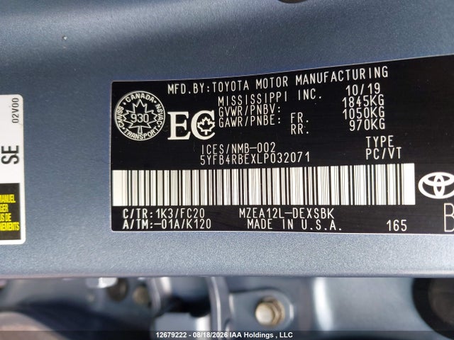 5YFB4RBEXLP032071 Toyota COROLLA SE