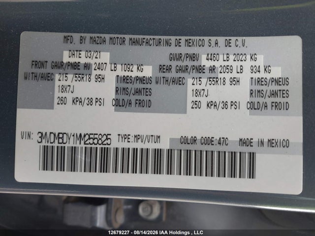 12679227 :رقم المزاد ، 3MVDMBDY1MM255825 vin ، 2021 Mazda Cx-30 Gt W/turbo مزاد بيع