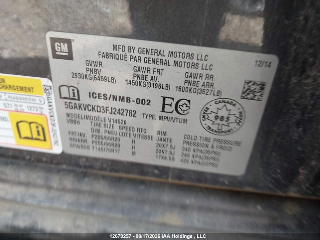 Продаж на аукціоні авто 2015 Buick Enclave Premium, vin: 5GAKVCKD3FJ242782, номер лоту: 12679257