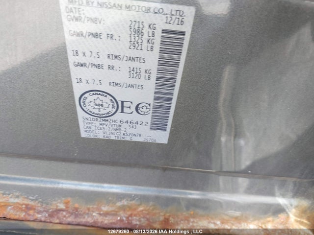 12679260 :رقم المزاد ، 5N1DR2MM2HC646422 vin ، 2017 Nissan Pathfinder Platinum/s/sl/sv مزاد بيع